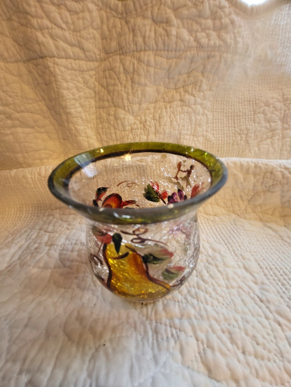 Hand-Painted Crackle Glass Vase with Yellow Bird Motif